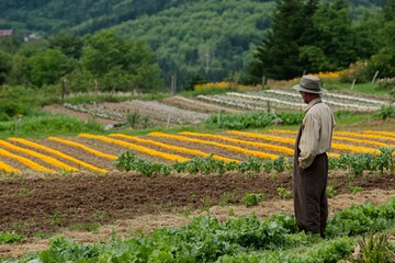 Man Observing Lush Fields with Colorful Rows of Vegetables and Flowers