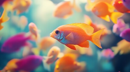 Fototapeta premium vibrant school of fish swimming in synchrony, Suitable for aquarium or marine-themed campaigns