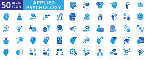 Applied psychology icon set forensic, clinical, therapy, health, communication, teamwork, leadership, learning, stress, creativity, depression, diagnosis, motivation, anxiety, belief, rehabilitation