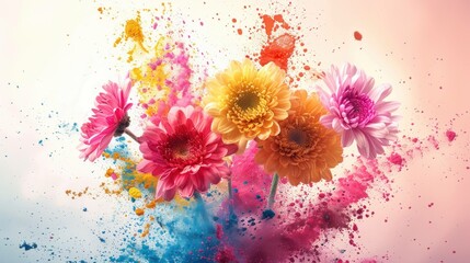 Colorful explosion of gerbera flowers surrounded by vibrant splashes of paint, representing creativity and nature's beauty.