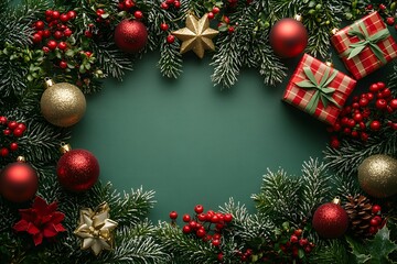 Christmas Eve concept. Top view photo of gift boxes with ribbon bows green red baubles gold star ornaments and pine branches on isolated green background with copy space in the middle