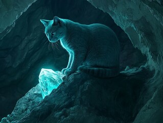 Enigmatic Grey Cat Gazing at Glowing Crystal in Mystical Cave