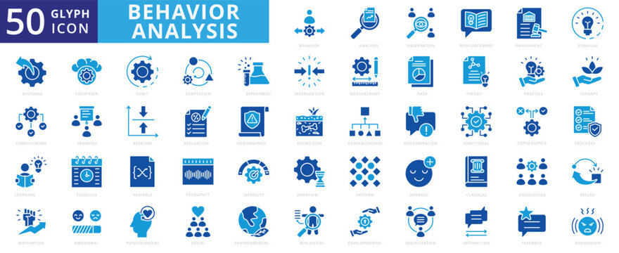 Behavior analysis icon set of pattern, data, training, learning, therapy, motivation, emotional, experiment, environmental, classical, punishment, feedback, measurement, biological, aggression, social