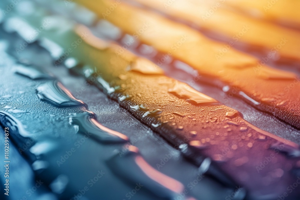 Poster the image is a close up of a wet surface with a rainbow of colors