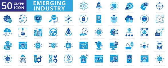 Emerging industry icon set of fintech, ai, technology, innovation, cloud computing, sustainability, cyber security, big data, drone, e-commerce, blockchain, automation, vr, iot, renewable energy