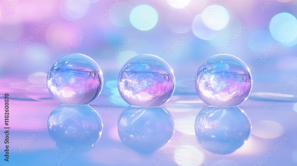 Poster three transparent spheres reflecting soft colorful light patterns