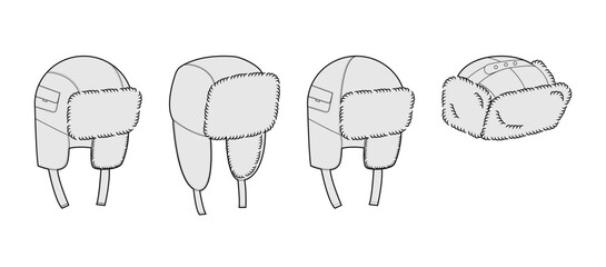 Set of Trapper Hats - Utility Ushanka Aviator. Winter Head Fashion accessory cap with fur clothing technical illustration. Vector headgear for Men, women, unisex style, flat template CAD mockup sketch