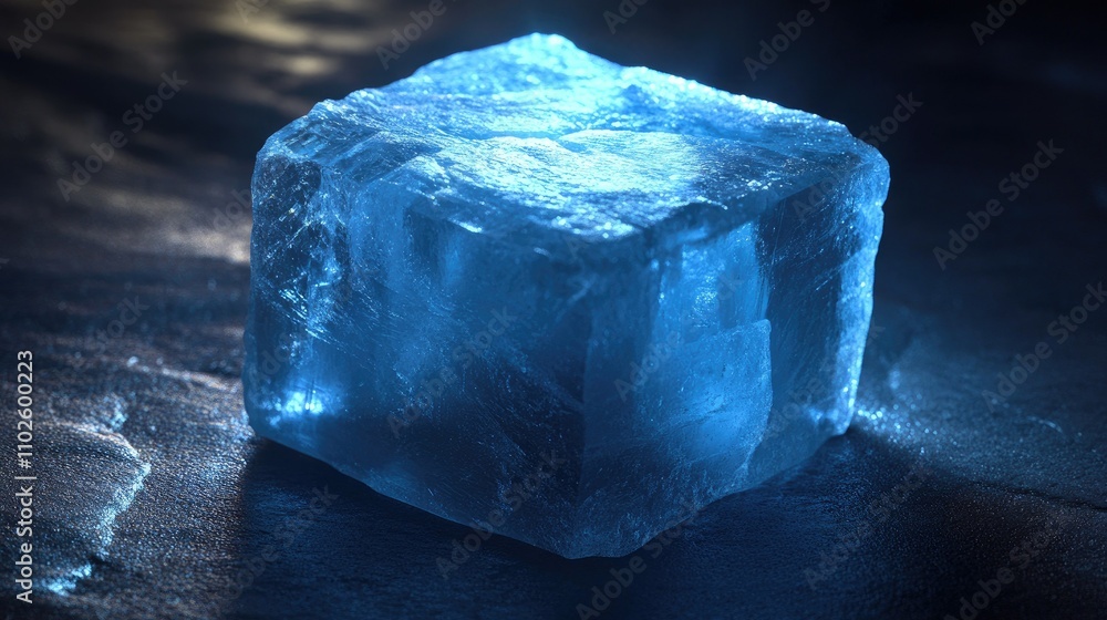 Poster ice cube glowing with blue light on dark background in studio setup