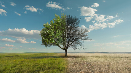 Obraz premium A tree split between lush grass and leaves and barren branches over drought-stricken ground, symbolizing nature’s resilience and climate change