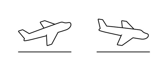 Departure and arrival airplane outline icon. Take off and landing plane line sign symbol. Flight concept