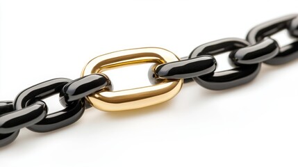 A golden link connecting two black chain segments, symbolizing strength, connection, leadership, or the power of a single crucial link within a system