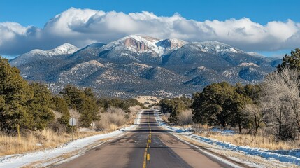Serene Mountain Road View Under Blue Sky and Fluffy White Clouds