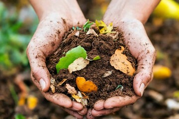 Hands Holding Rich Soil with Leaves and Nature Elements