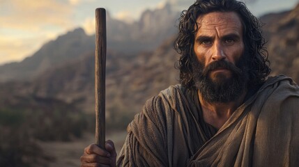 John the Baptist in the wilderness, dressed in simple robes of camel hair, holding a wooden staff, desert landscape with soft evening light, intense and spiritual expression, realistic textures