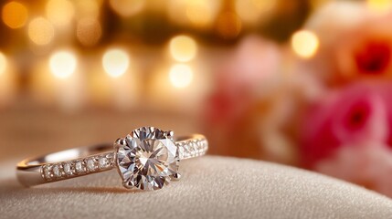 Fototapeta premium Elegant diamond engagement ring on a soft surface with blurred lights.