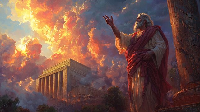 Thaddeus standing beside a temple, pointing to the heavens, vibrant sky and dramatic lighting, detailed clothing and naturalistic composition, spiritual and inspiring focus