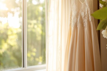 Elegant dress hanging by a sunlit window, creating a serene atmosphere.