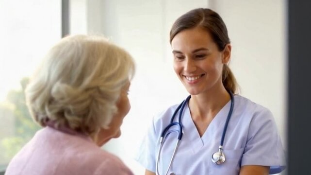 Family nurse practitioner sharing warm moment with elderly patient in modern clinic