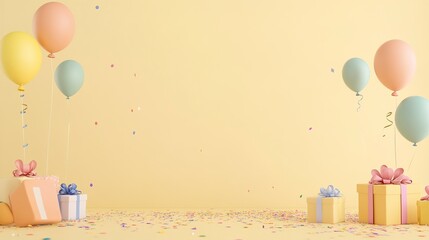 Pastel Balloons and Presents on Yellow Background - Festive Birthday or Celebration Scene