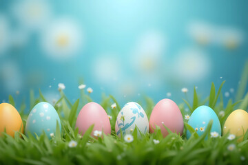 Easter eggs in grass against blurred blue blooming flower background. Spring holidays concept.