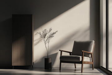 Armchair near cabinet against concrete wall with frame. Minimalist interior design of modern living room.