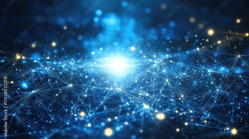 Poster bright glowing particles and lines on blue background abstract design