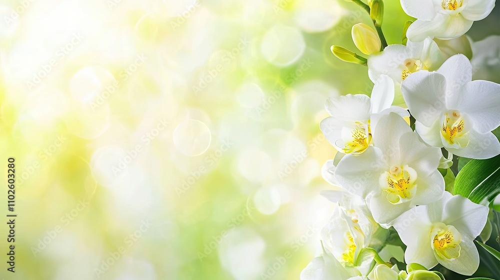 Poster elegant white orchids with soft green background and bokeh effect