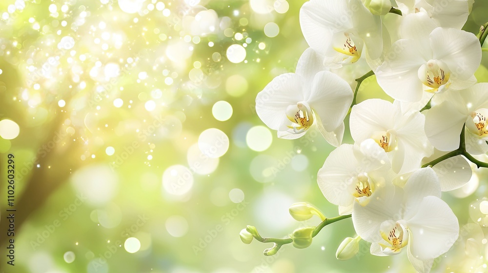 Poster Elegant White Orchids with Soft Bokeh Background in Garden Setting