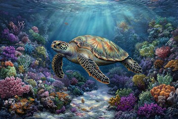 Obraz premium Colorful Sea Turtle Swimming Through Vibrant Coral Reef Scene