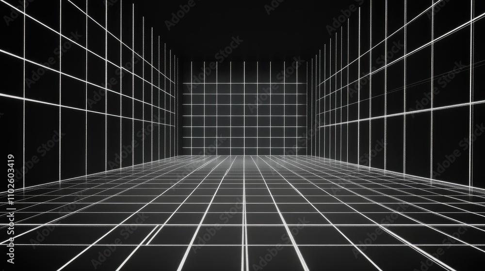 Poster futuristic grid space with neon lines and dark background