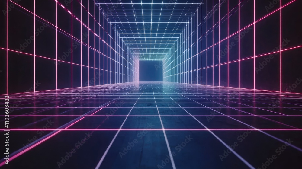Poster neon grid tunnel with glowing lines and futuristic background