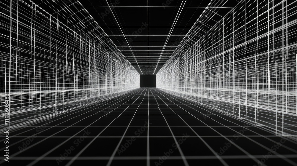 Poster abstract 3d tunnel with grid lines and monochrome perspective