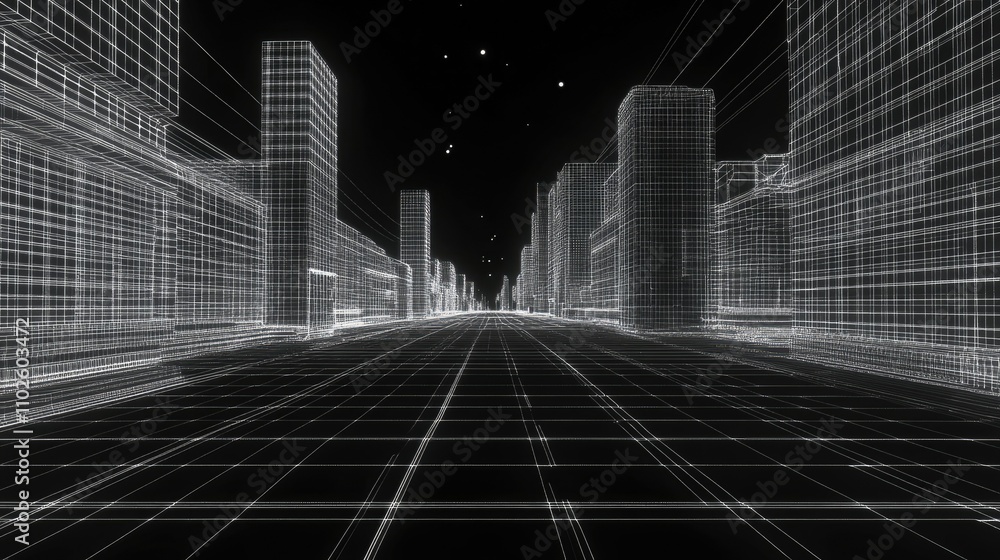 Poster futuristic urban landscape with wireframe building structures