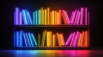 Obraz premium Vibrant Neon Bookshelf Displaying Colorful Books in Bright Lighting Against a Dark Background for Modern Decor and Creative Inspiration