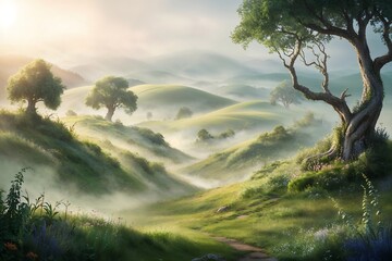 Misty green hills with vibrant trees and soft morning light in serene landscape