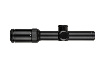 Black rifle scope with adjustment knobs and magnification settings, isolated on a white background.