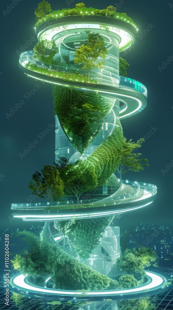 Poster ai-generated image of a spiraling skyscraper featuring lush greenery and modern lighting. the struct
