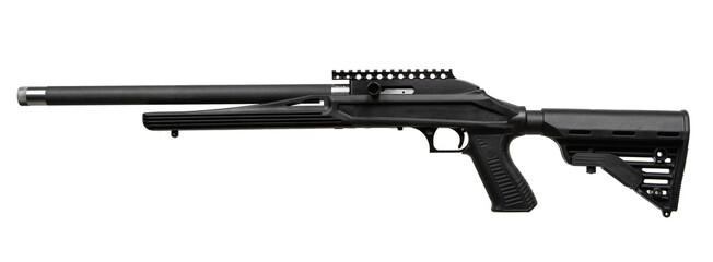 Close-up of a .22 caliber rifle with a modern tactical design, adjustable black stock, and extended barrel, ideal for precision shooting, hunting, and training