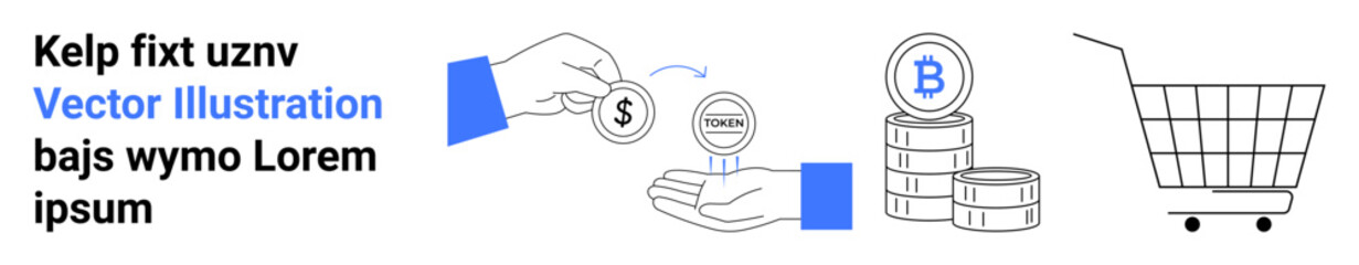 Hand exchanging money with a digital token, Bitcoin coins, and shopping cart. Ideal for finance, e-commerce, cryptocurrency, digital payments, investment, online shopping, fintech. Banner for landing