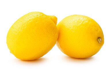 Side view of two fresh ripe yellow lemon fruit in stack isolated on white background with clipping path