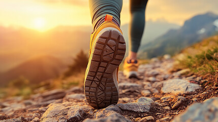 Close-up of a woman's feet in hiking shoes walking on a mountain trail at sunrise
