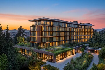 Fototapeta premium Modern Architectural Design of Hotel at Sunset with Greenery