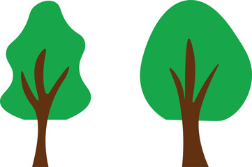 Minimalist illustration of two green trees with brown trunks, drawn in a simple flat style