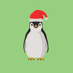 A cute penguin wearing a red Santa hat, standing on a vibrant green background
