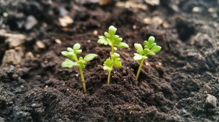 Seedling breaking through soil: a tiny plant emerging from the ground, capturing the moment of new life. 

