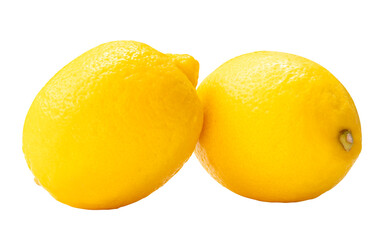 Side view of two fresh ripe yellow lemon fruit in stack isolated with clipping path in png file format