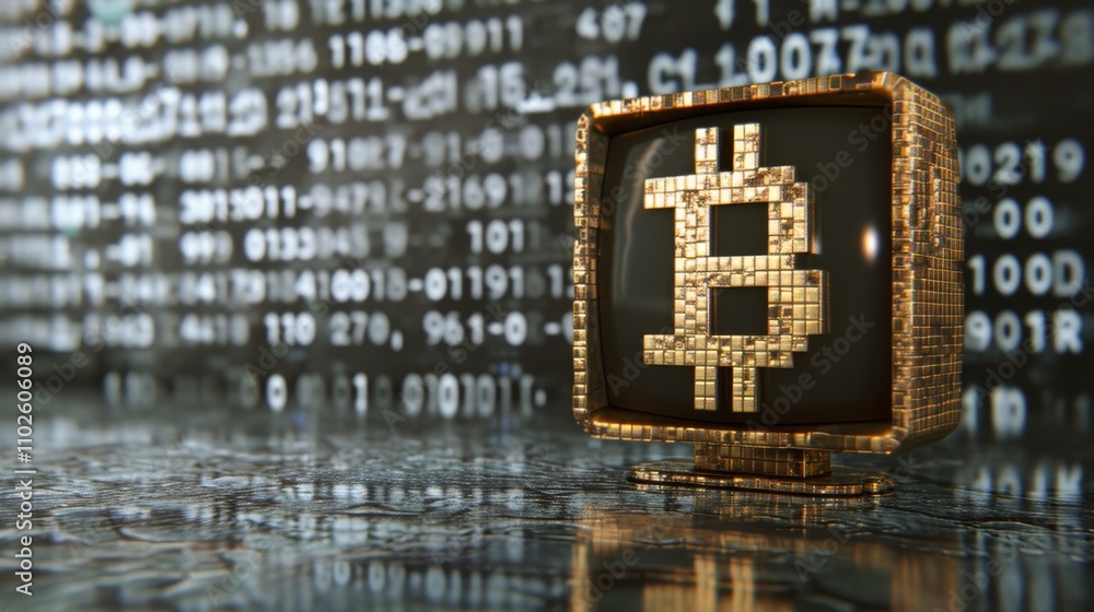 Poster a golden bitcoin symbol displayed on an old-fashioned tv set against a digital data-filled backgroun