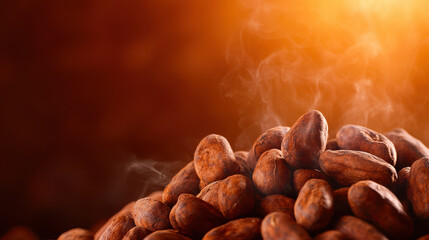 Obraz premium Steaming cocoa beans in vibrant tones create warm, inviting atmosphere. rich texture and color of beans evoke sense of indulgence and natural beauty