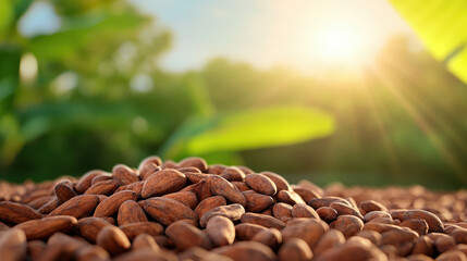 Obraz premium Fresh cocoa beans spread across vibrant banana leaves under sunlight, creating warm and inviting atmosphere. scene captures essence of nature bounty and beauty of agricultural produce