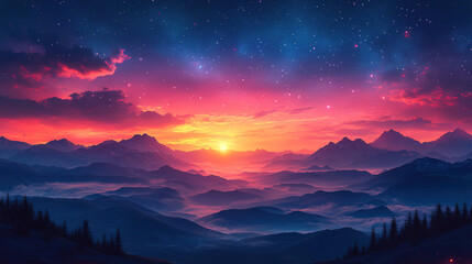 Naklejka premium Stunning sunset over mountain range with starry sky and vibrant colors illuminating the horizon. Generative AI